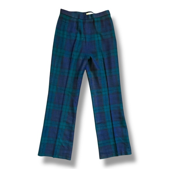 Vintage 60s/70s Blue Green Tartan Plaid Wool Pleated Wide Leg Pants Size Medium - Picture 1 of 15